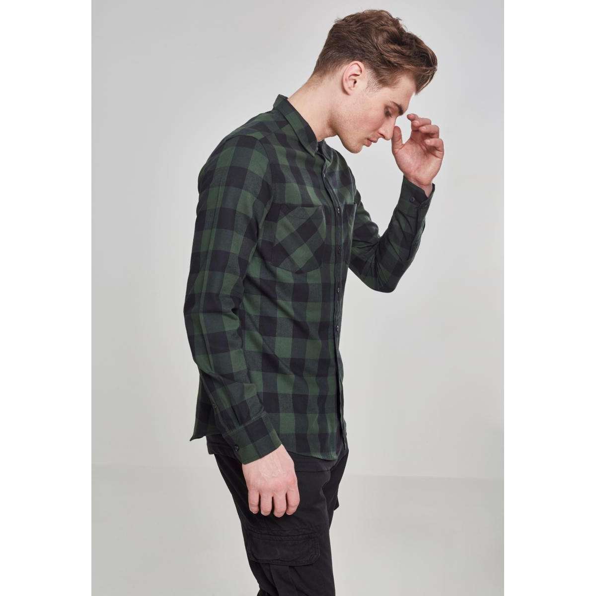 URBAN CLASSICS MEN’S REGULAR FIT COTTON CHECKED FLANELL SHIRT TB297 BLACK / FOREST
